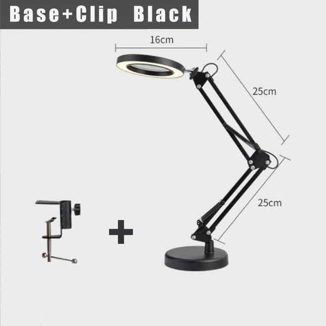 2-in-1 Black LED Magnifier Desk Lamp With Base and Clip - Hands-Free, Dimmable 3-Color Light for Crafts & Workbench.