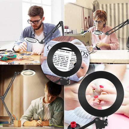 2-in-1 Black LED Magnifier Desk Lamp With Base and Clip - Hands-Free, Dimmable 3-Color Light for Crafts & Workbench.