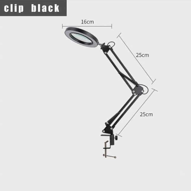 2-in-1 Black LED Magnifier Desk Lamp With Clip - Hands-Free, Dimmable 3-Color Light for Crafts & Workbench.