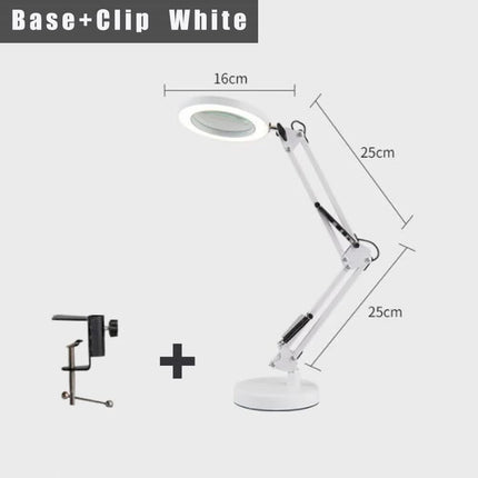 2-in-1 White LED Magnifier Desk Lamp With Base and Clip - Hands-Free, Dimmable 3-Color Light for Crafts & Workbench.