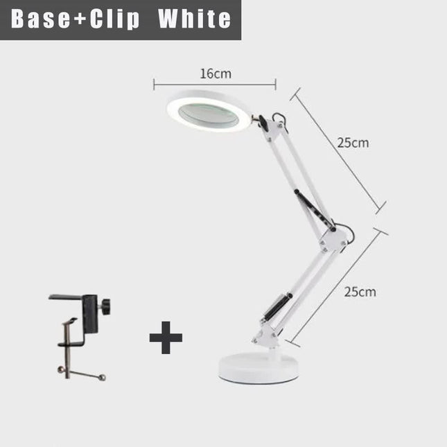 2-in-1 White LED Magnifier Desk Lamp With Base and Clip - Hands-Free, Dimmable 3-Color Light for Crafts & Workbench.