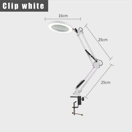 2-in-1 White LED Magnifier Desk Lamp With Clip - Hands-Free, Dimmable 3-Color Light for Crafts & Workbench.
