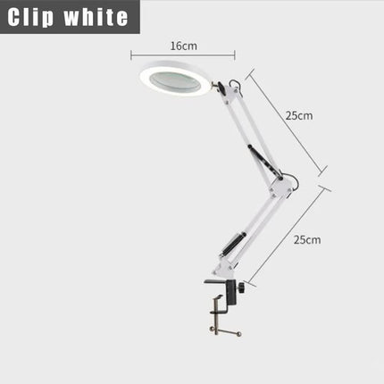 2-in-1 White LED Magnifier Desk Lamp With Clip - Hands-Free, Dimmable 3-Color Light for Crafts & Workbench.
