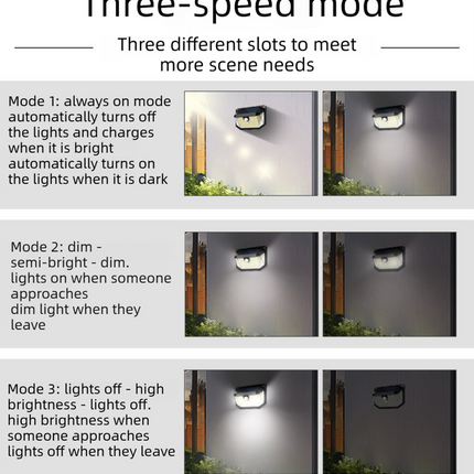 2-Pack Solar Motion Sensor Wall Light(230-Bead LED) -  3 Lighting Modes, IP64 Waterproof, Three-Sided Wide-Angle Lighting for Outdoor Security and Garden Lighting.