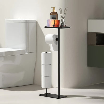 2-in-1 Freestanding Toilet Paper Holder - Thick Carbon Steel with Matte Black Finish, Storage Top and 2 * Paper Roll Holder.