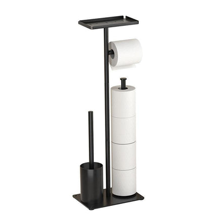 3-in-1 Freestanding Toilet Paper Holder - Thick Carbon Steel with Matte Black Finish, Storage Top, Paper Roll Holder, and Integrated Brush Holder.