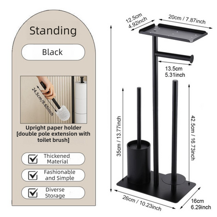 3-in-1 Freestanding Toilet Paper Holder - Thick Carbon Steel with Matte Black Finish, Storage Top, Paper Roll Holder, and Integrated Brush Holder.