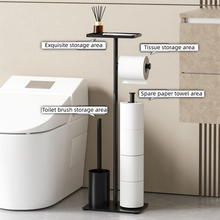 3-in-1 Freestanding Toilet Paper Holder - Thick Carbon Steel with Matte Black Finish, Storage Top, Paper Roll Holder, and Integrated Brush Holder.