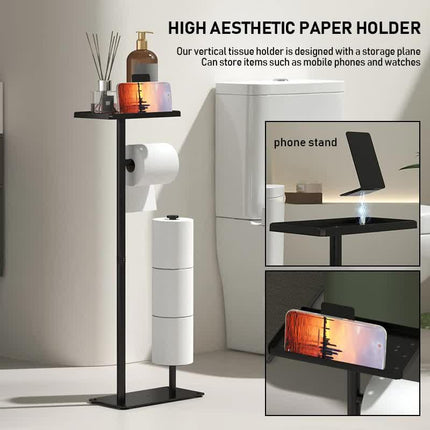 3-in-1 Freestanding Toilet Paper Holder - Thick Carbon Steel with Matte Black Finish, Storage Top, Paper Roll Holder, and Integrated Brush Holder.