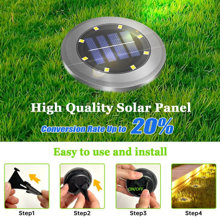 4-Pack Classic Large 8 LED Solar In-Ground Yellow Light Set (12  x 12  x 13 cm) - Stainless Steel Waterproof Garden Spike Lamps for Lawn & Pathway.
