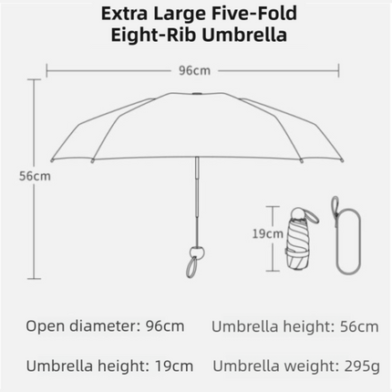 Black Ultra-Compact 5-Fold Waterproof All-Weather Umbrella for Women - Heart Pattern, Black Glue UV Protection, 8-Rib Frame,  Portable Capsule Parasol.