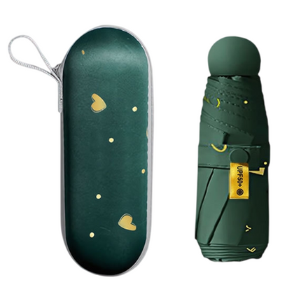 2-Pack Green Ultra-Compact 5-Fold Waterproof All-Weather Umbrella for Women - Heart Pattern, Black Glue UV Protection, 8-Rib Frame,  Portable Capsule Parasol.
