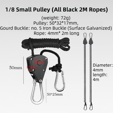 4-Pack 2M Heavy Duty Grow Light Hanger Rope Ratchet - All Black Adjustable Aluminum Pulley System - 50KG+ Load, Auto-Lock Anti-Slip for Tent & Hydroponics.