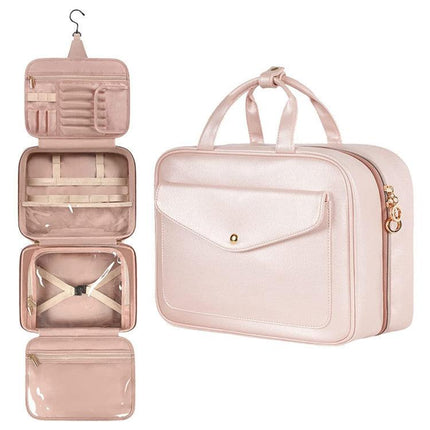 Pink Portable Large Hanging Womens' Luxury PU Leather Cosmetic Bag -  Waterproof Travel Toiletry Organizer , Easy Visibility & Durable.