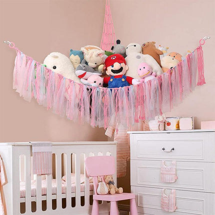 Pink Corner Plush Toy Organizer (100x100x150cm)  with Ribbon Accent & Installation Kit -  Handwoven Cotton Mesh Toy Storage Hammock.