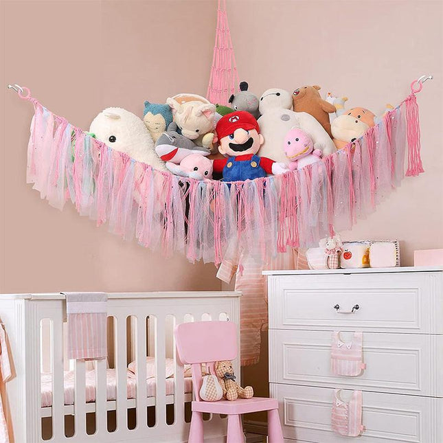 Pink Corner Plush Toy Organizer (100x100x150cm)  with Ribbon Accent & Installation Kit -  Handwoven Cotton Mesh Toy Storage Hammock.