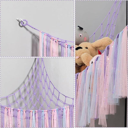 Pink Corner Plush Toy Organizer (100x100x150cm)  with Ribbon Accent & Installation Kit -  Handwoven Cotton Mesh Toy Storage Hammock.