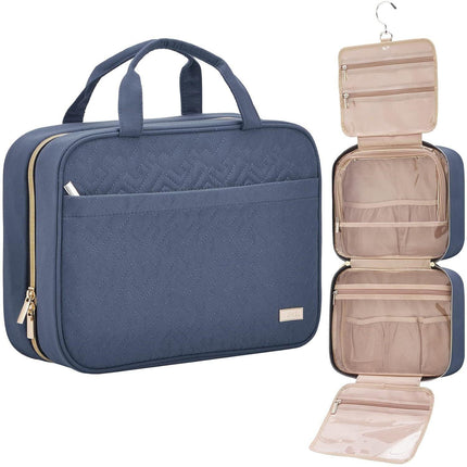 Dark Blue Large Capacity Hanging Toiletry Bag for Women(30.5 x 22.5 x 12 cm) - Checked Pattern Waterproof Cosmetic Organizer, Dry/Wet Separation & Multi-Compartment.