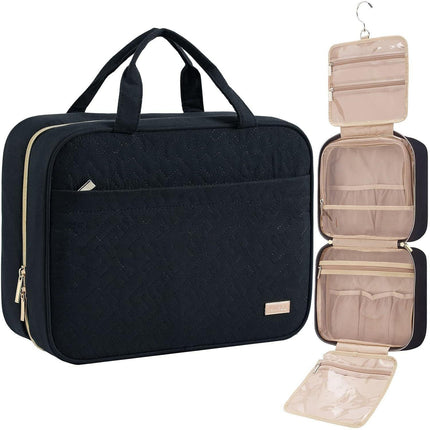 Black Large Capacity Hanging Toiletry Bag for Women(30.5 x 22.5 x 12 cm) - Checked Pattern Waterproof Cosmetic Organizer, Dry/Wet Separation & Multi-Compartment.