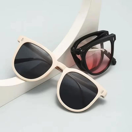 Ultra-Light Foldable TR Sunglasses for Women with Storage Bag - 15° Adjustable Temples & Premium Hinges, UV Protection (Black Frame/Pink Lenses).