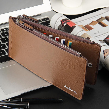 Brown Men's Slim Long Bi-Fold Wallet - Multi-Card Holder & Credit Card Organizer with Coin Pocket, Simple PU Leather Clutch.