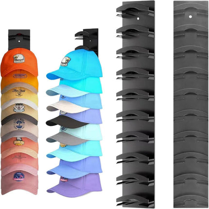 2-Pack 10-Tier Black Wall-Mounted Hat Rack with Installation Accessories - Space-Saving Plastic Baseball Cap and Other Hat Organizers.