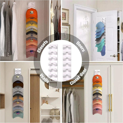 2-Pack 10-Tier Black Wall-Mounted Hat Rack with Installation Accessories - Space-Saving Plastic Baseball Cap and Other Hat Organizers.