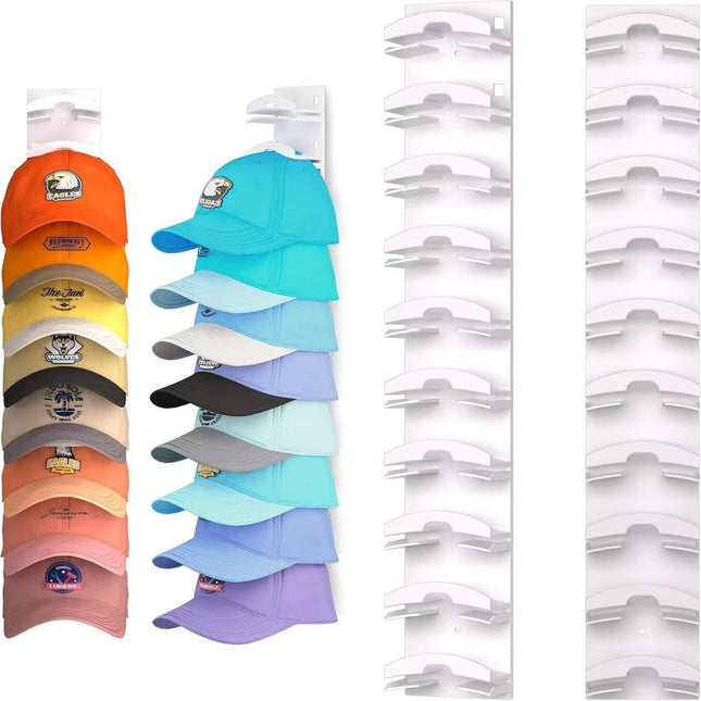 2-Pack 10-Tier White Wall-Mounted Hat Rack with Installation Accessories - Space-Saving Plastic Baseball Cap and Other Hat Organizers.