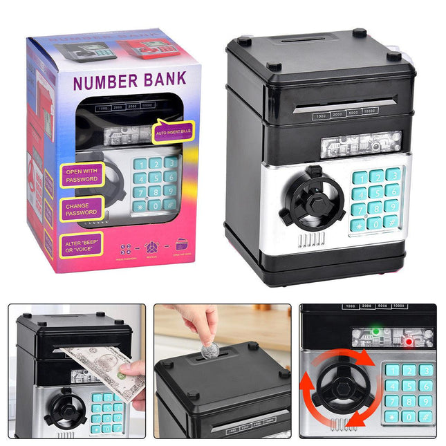 2-Piece Black Smart ATM Piggy Banks - Kids Electronic Money Safe with Password Lock & Auto-Roll in/out Feature.