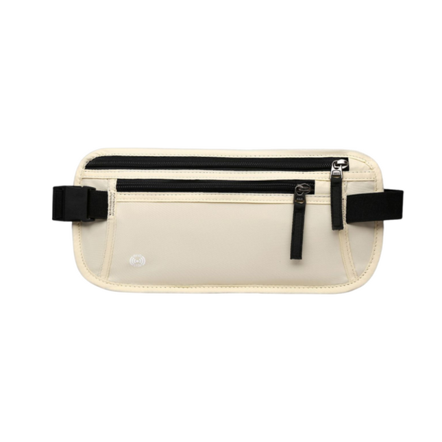 Beige RFID Blocking Slim Anti-Theft Fanny Pack for Outdoor Travel - Hidden Money Belt for Passport, Documents & Cash.