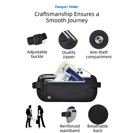Dark Grey RFID Blocking Slim Anti-Theft Fanny Pack for Outdoor Travel - Hidden Money Belt for Passport, Documents & Cash.