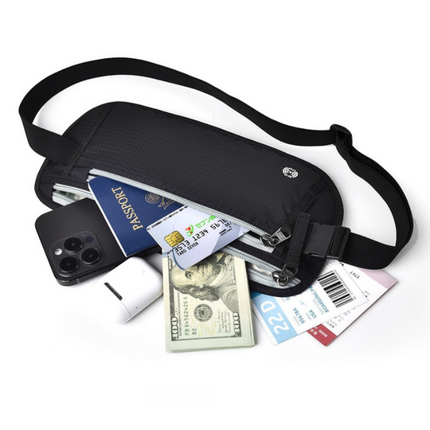 Dark Grey RFID Blocking Slim Anti-Theft Fanny Pack for Outdoor Travel - Hidden Money Belt for Passport, Documents & Cash.