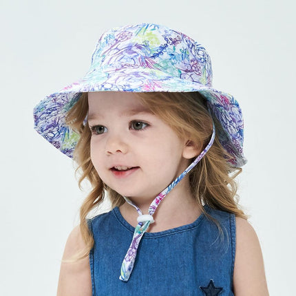 2-Pack Purple Flower Pattern Kids Sun Hat and Travel Beach Fisherman Cap(M Size for Head Circumference 52-54) - Breathable UV Protection Cap.