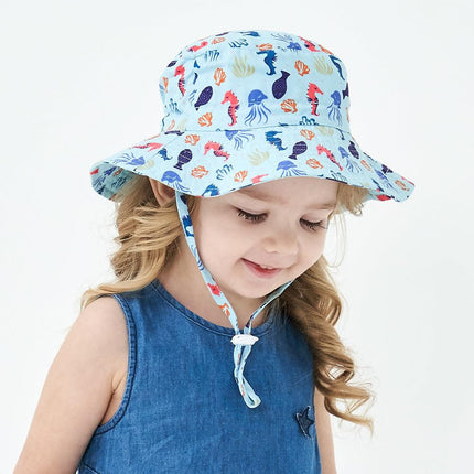2-Pack Blue Seahorse Pattern Kids Sun Hat and Travel Beach Fisherman Cap(S Size for Head Circumference 48-50) - Breathable UV Protection Cap.