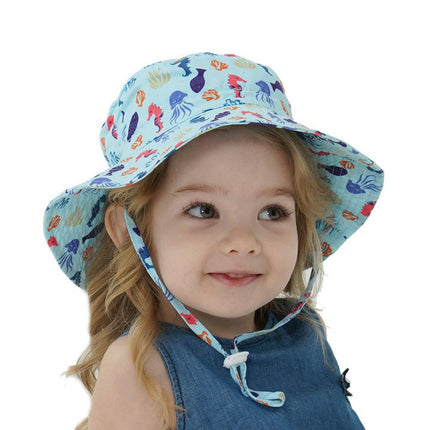 2-Pack Blue Seahorse Pattern Kids Sun Hat and Travel Beach Fisherman Cap(M Size for Head Circumference 52-54) - Breathable UV Protection Cap.