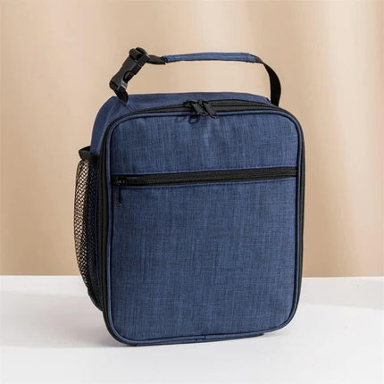 Blue Portable Insulated Lunch Bag - Oxford Cloth Handheld Meal Prep Tote, Large-Capacity Square Upright Design for School Office.