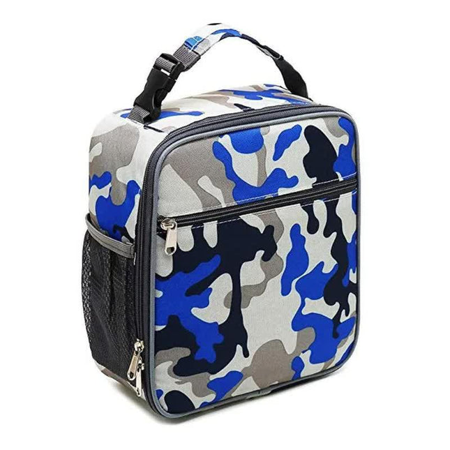 Camouflage Blue Portable Insulated Lunch Bag - Oxford Cloth Handheld Meal Prep Tote, Large-Capacity Square Upright Design for School Office.