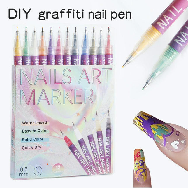 12-Color Acrylic Nail Art Marker Pen Set - Waterproof and Quick Drying, DIY Beauty Nail and Artistic Graffiti Pens.