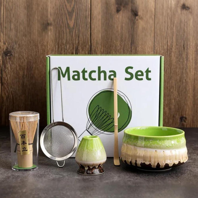 Gradient Green Ceremony 5-Piece Matcha Ceramic Tool Set - Gift Box with Whisk (Chasen), Whisk Holder (Chasen Kuse-Naoshi), Bowl, Sieve, and Scoop.