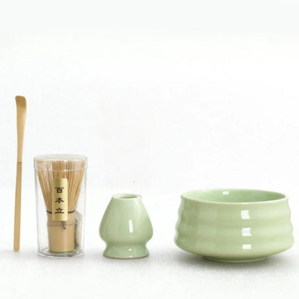 Green Ceremony 4-Piece Matcha Ceramic Tool Set - Gift Box with Whisk (Chasen), Whisk Holder (Chasen Kuse-Naoshi), Bowl, and Scoop.