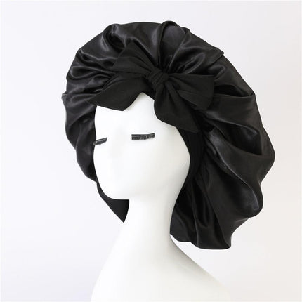 2-Pack Black Satin Bonnet with Wide Band and Bow Tie - Hair Care Sleep Cap and Turban for Women.