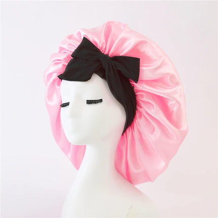 2-Pack Pink Satin Bonnet with Wide Band and Bow Tie - Hair Care Sleep Cap and Turban for Women.