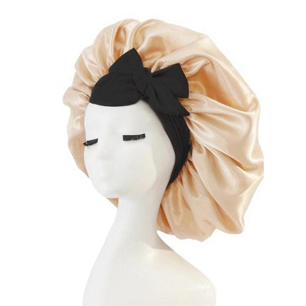 2-Pack Khaki Satin Bonnet with Wide Band and Bow Tie - Hair Care Sleep Cap and Turban for Women.