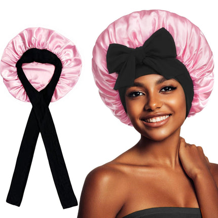 2-Pack Khaki Satin Bonnet with Wide Band and Bow Tie - Hair Care Sleep Cap and Turban for Women.