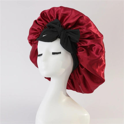 2-Pack Wine Red Satin Bonnet with Wide Band and Bow Tie - Hair Care Sleep Cap and Turban for Women.