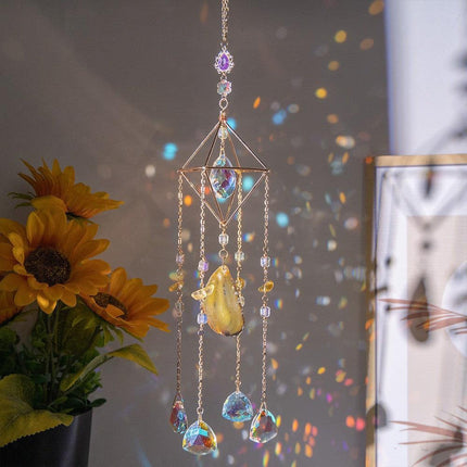 Twilight Sun Handmade Crystal Ornament - Agate Slice & Prism for Window Rainbow Making.