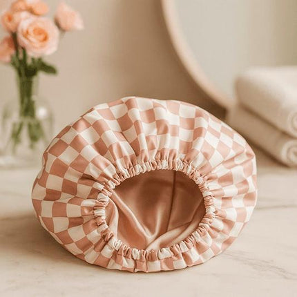 Thickened Double-Layer Pink Checkered Printed Waterproof Shower Cap for Women - Thickened Reusable Bath Hair Cover for Adults.