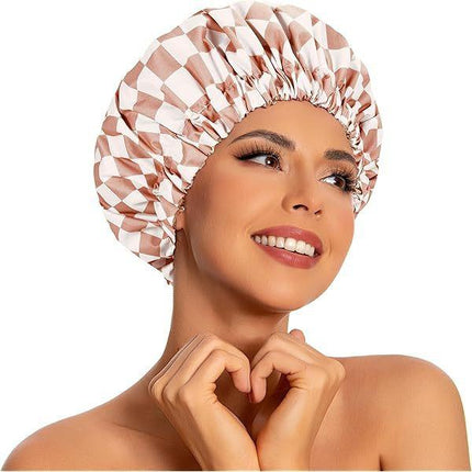 Thickened Double-Layer Pink Checkered Printed Waterproof Shower Cap for Women - Thickened Reusable Bath Hair Cover for Adults.