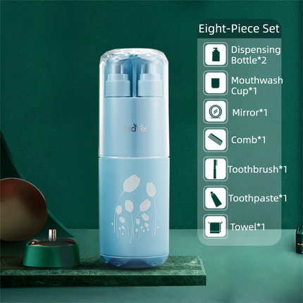 Blue Deluxe 8-in-1 Travel Toiletry Set - Portable All-in-One Toothbrush Holder, Wash Cup, Towel and 2 * Refill Bottles for Travel & Camping.