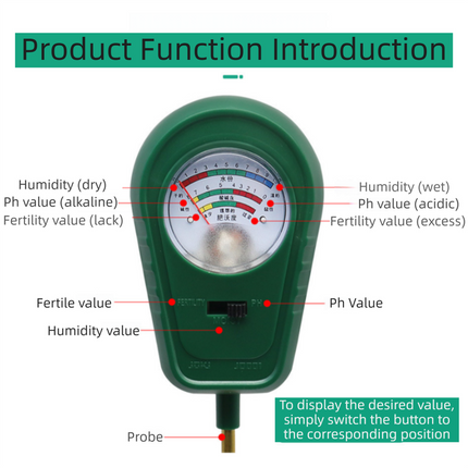 3-in-1 Mechanical Pointer Soil Meter - No Batteries Required, Measures Fertility, Moisture, and pH for Gardening.